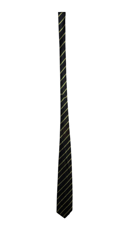 OutOf10 formal necktie in black with diagonal yellow and green stripes and textured fabric finish.