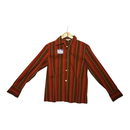 OutOf10 long sleeve button down shirt in earth tone vertical stripes of red, orange, and brown with a structured collar