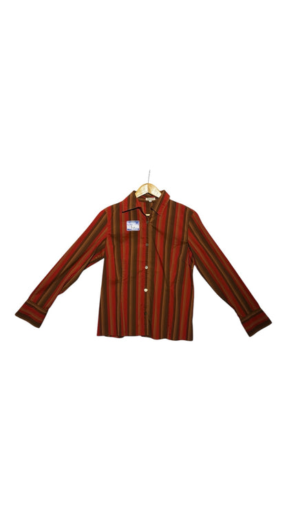 OutOf10 long sleeve button down shirt in earth tone vertical stripes of red, orange, and brown with a structured collar