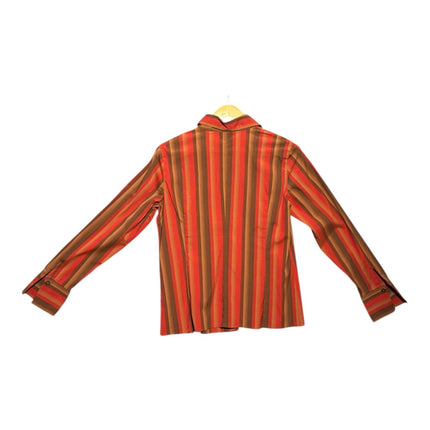 OutOf10 long sleeve button down shirt featuring a vertical striped pattern in red, orange, and brown earth tones.