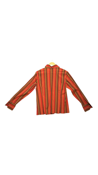 OutOf10 long sleeve button down shirt featuring a vertical striped pattern in red, orange, and brown earth tones.