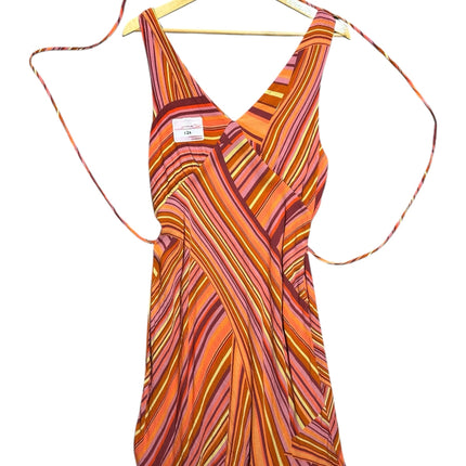 OutOf10 sleeveless V-neck mini dress featuring a vibrant multi-directional stripe pattern in orange, pink, and yellow.