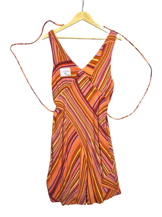 OutOf10 sleeveless V-neck mini dress featuring a vibrant multi-directional stripe pattern in orange, pink, and yellow.