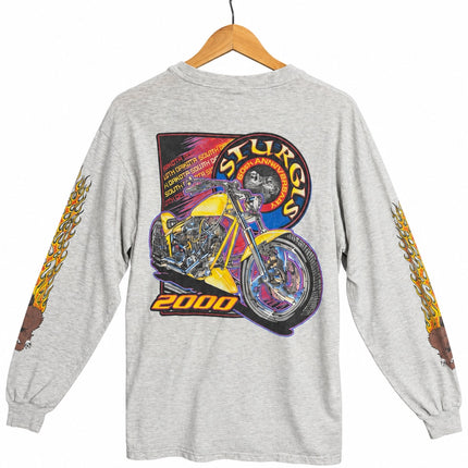 OutOf10 heather grey long sleeve t-shirt with back graphic of a yellow chopper motorcycle and Sturgis 2000 logo
