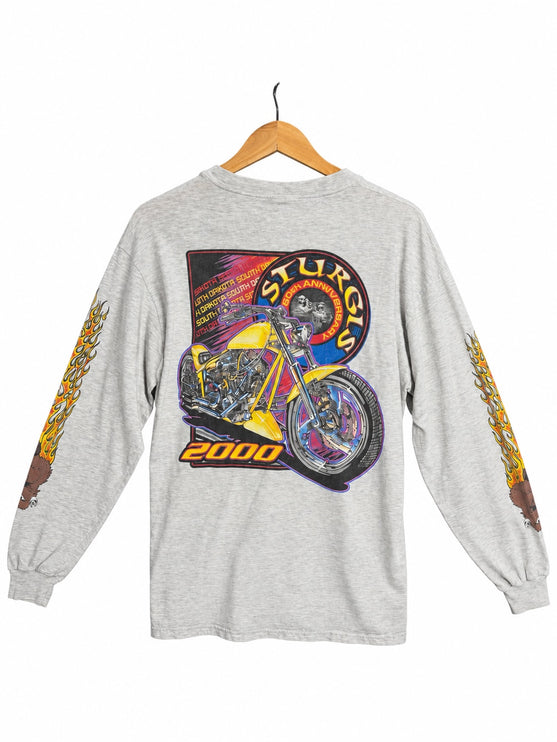 OutOf10 heather grey long sleeve t-shirt with back graphic of a yellow chopper motorcycle and Sturgis 2000 logo