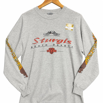 OutOf10 heather grey long sleeve t-shirt with Sturgis 2000 motorcycle rally graphic and flame sleeve details