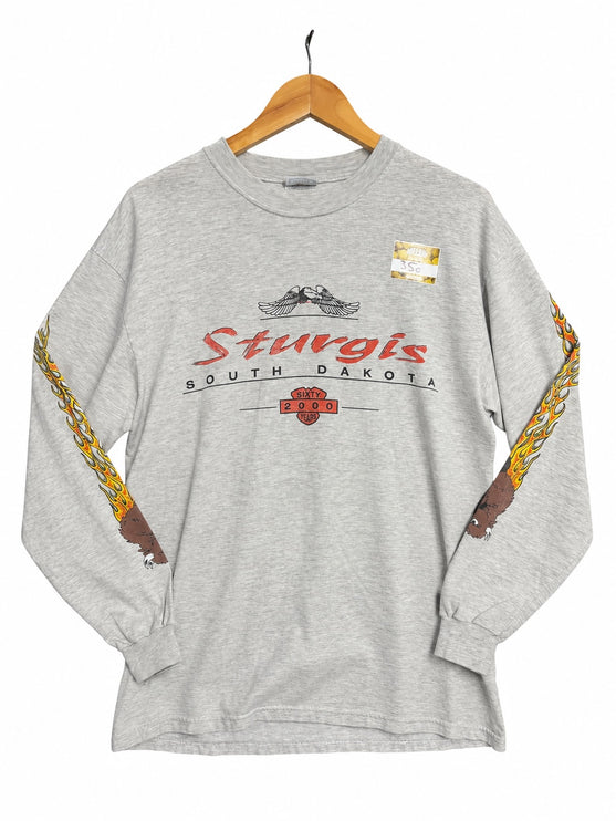 OutOf10 heather grey long sleeve t-shirt with Sturgis 2000 motorcycle rally graphic and flame sleeve details