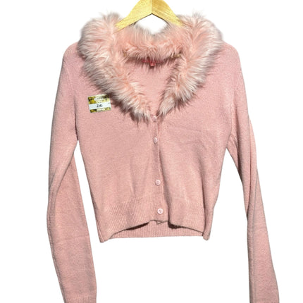OutOf10 Sugar Thrillz pastel pink long sleeve knit cardigan with a luxurious faux fur collar and button-down front.