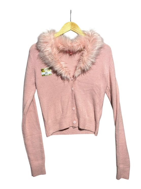 OutOf10 Sugar Thrillz pastel pink long sleeve knit cardigan with a luxurious faux fur collar and button-down front.