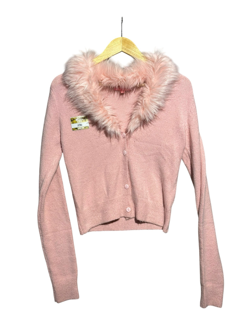 OutOf10 Sugar Thrillz pastel pink long sleeve knit cardigan with a luxurious faux fur collar and button-down front.