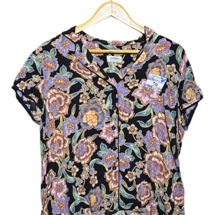OutOf10 sussan black short sleeve blouse with a multi-coloured floral print, notched collar, and button-down front.