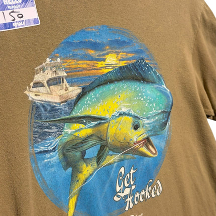OutOf10 tan crewneck t-shirt featuring a Get Hooked graphic with a mahi-mahi fish and fishing boat illustration.