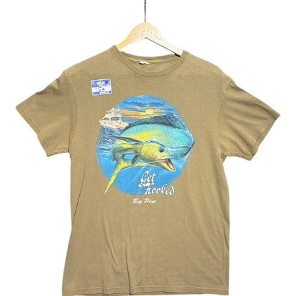 OutOf10 tan crewneck t-shirt featuring a vibrant mahi-mahi fish and fishing boat graphic with Get Hooked text