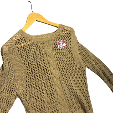 OutOf10 earthy tan long sleeve open knit pullover sweater with crew neck and cable knit detail on a wooden hanger