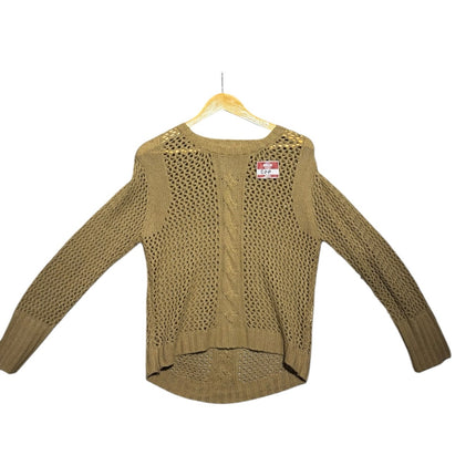 OutOf10 tan long sleeve open knit pullover sweater with a crew neckline, cable-knit detail, and high-low hemline.
