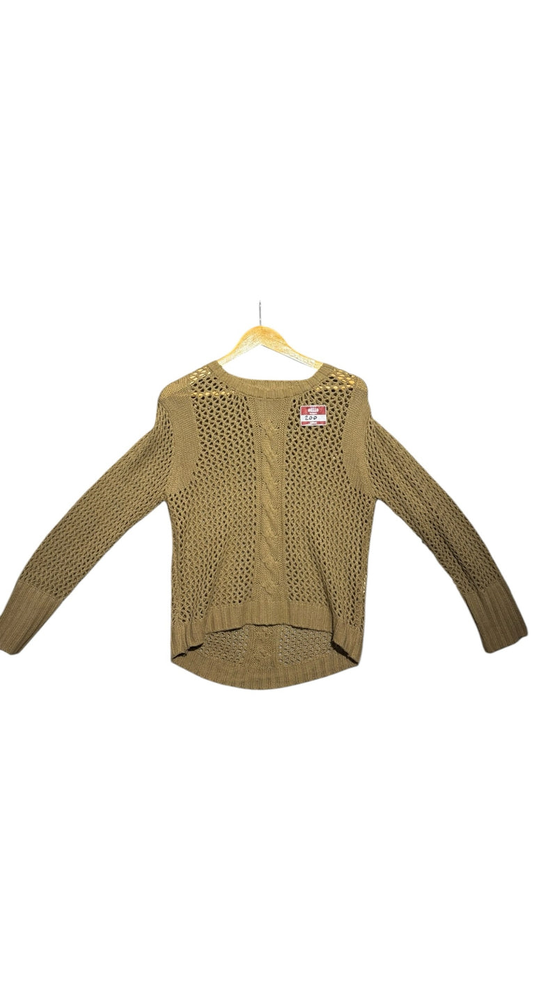 OutOf10 tan long sleeve open knit pullover sweater with a crew neckline, cable-knit detail, and high-low hemline.