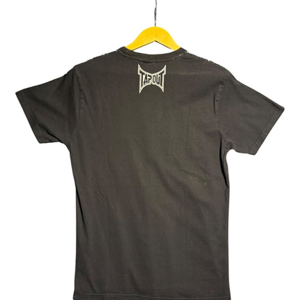 OutOf10 black Tapout crewneck t-shirt featuring a small white logo detail on the back neckline, hanging on a hanger.