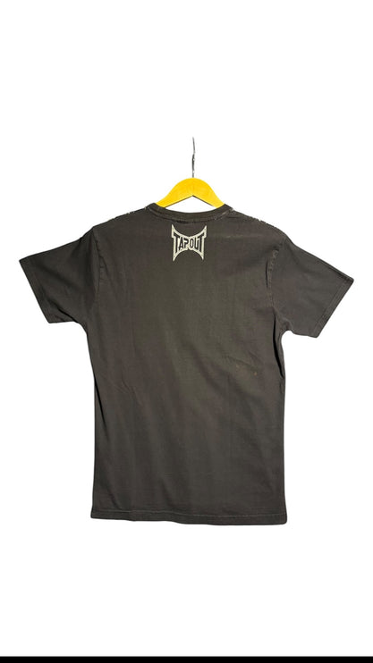 OutOf10 black Tapout crewneck t-shirt featuring a small white logo detail on the back neckline, hanging on a hanger.