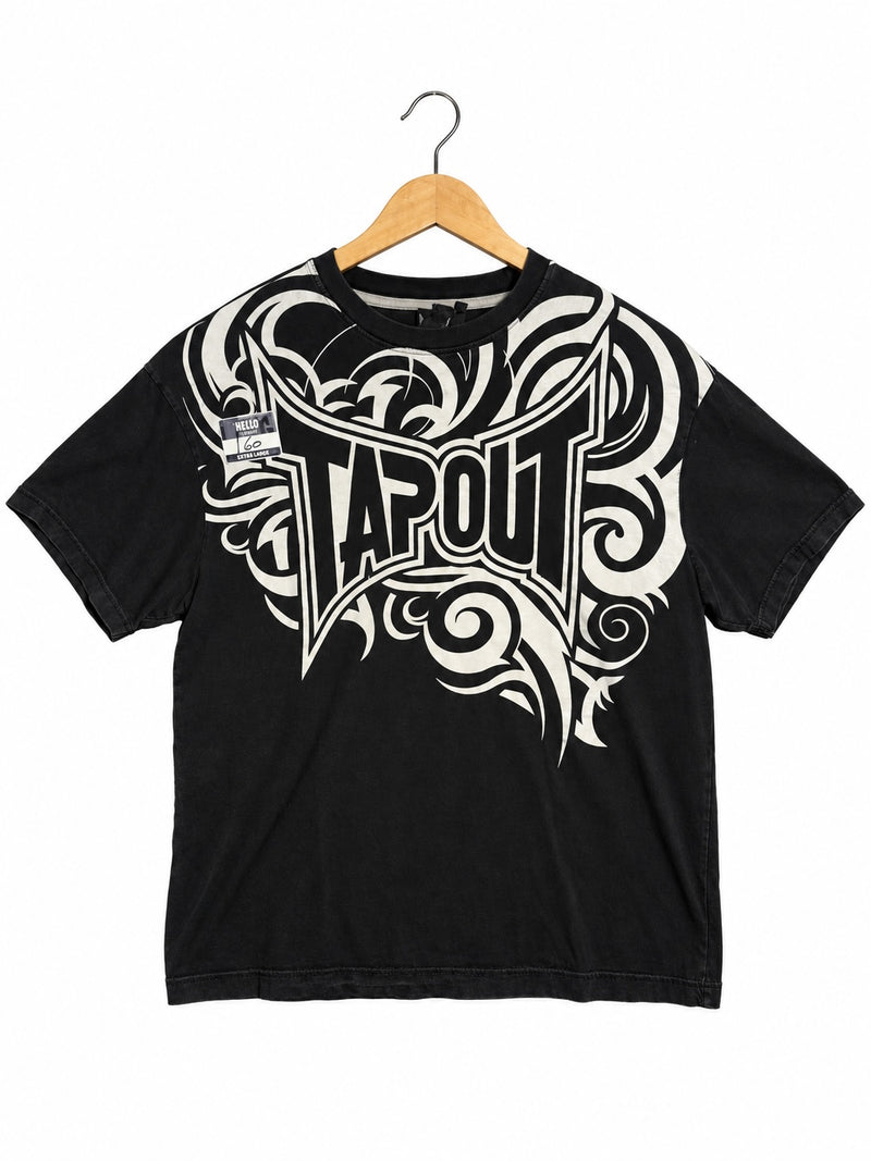 OutOf10 black cotton crew neck t-shirt featuring a large white tribal-inspired Tapout graphic print on the chest.