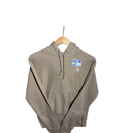 OutOf10 taupe-beige Champion pullover hoodie with embroidered chest logo, drawstring hood, and kangaroo pocket.