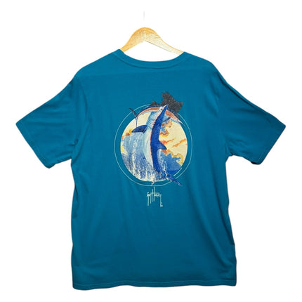 OutOf10 teal cotton t-shirt with a detailed sailfish graphic print on the back, featuring a crew neck design.