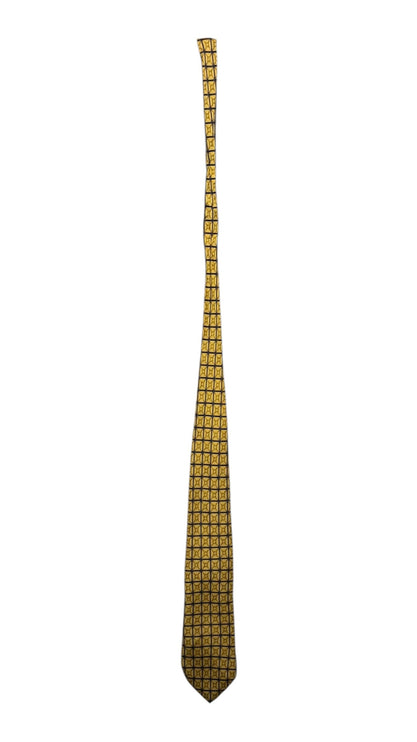 OutOf10 Teo Grimaldi silk necktie in golden-yellow with a navy blue geometric grid pattern for formal wear.