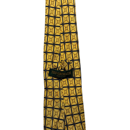 OutOf10 Teo Grimaldi silk necktie in golden-yellow with a navy blue grid pattern and Italian craftsmanship label