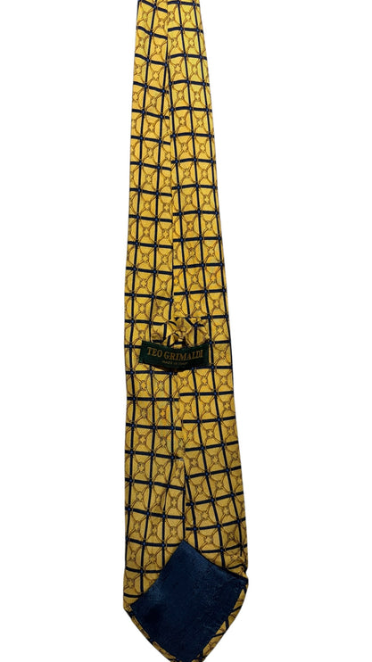 OutOf10 Teo Grimaldi silk necktie in golden-yellow with a navy blue grid pattern and Italian craftsmanship label