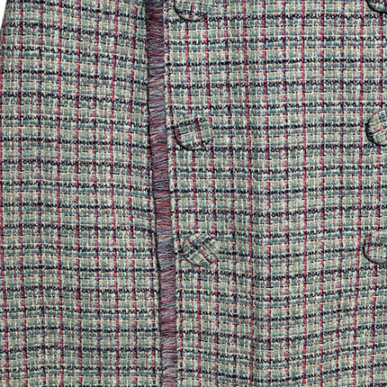 OutOf10 textured tweed mini skirt in pink, navy, and cream check pattern with button detail and frayed trim