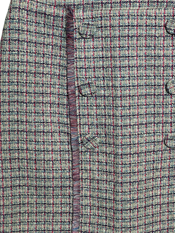 OutOf10 textured tweed mini skirt in pink, navy, and cream check pattern with button detail and frayed trim