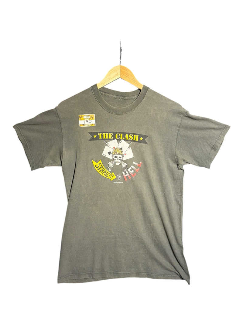 OutOf10 charcoal grey The Clash Straight To Hell graphic crewneck t-shirt with distressed skull and card print