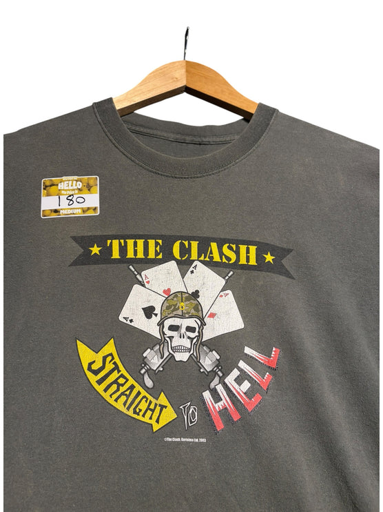 OutOf10 charcoal grey The Clash Straight To Hell graphic crewneck t-shirt with distressed skull and card print