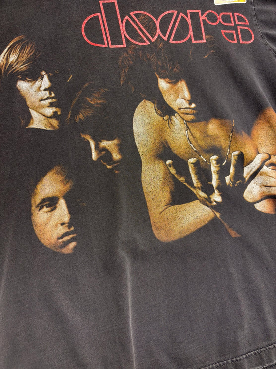OutOf10 vintage style black cotton t-shirt featuring a detailed graphic print of The Doors band members and logo.