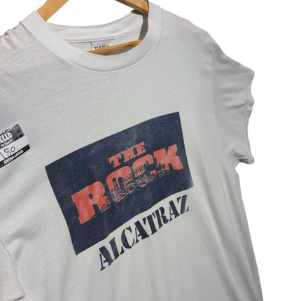 OutOf10 light grey crewneck t-shirt featuring a vintage The Rock Alcatraz graphic in red and navy on soft cotton.