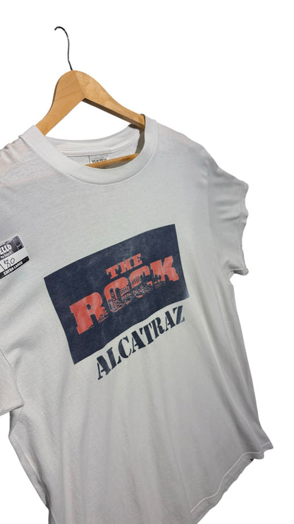 OutOf10 light grey crewneck t-shirt featuring a vintage The Rock Alcatraz graphic in red and navy on soft cotton.