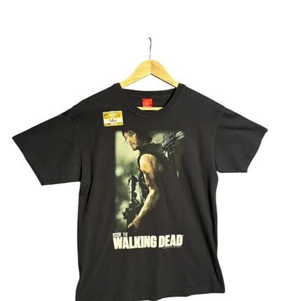 OutOf10 black crew neck t-shirt featuring a graphic print of Daryl Dixon from The Walking Dead on soft cotton fabric