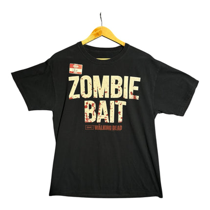 OutOf10 black The Walking Dead crew neck t-shirt with Zombie Bait graphic print on a wooden hanger.