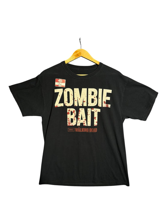OutOf10 black The Walking Dead crew neck t-shirt with Zombie Bait graphic print on a wooden hanger.