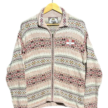 OutOf10 Tiara International full zip knit sweater featuring a vintage Fair Isle pattern in pink, cream, and earth tones.