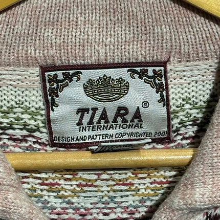 OutOf10 Tiara International knit sweater label featuring a vintage Fair Isle pattern in pink, cream, and earthy tones.