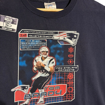 OutOf10 navy blue cotton crewneck t-shirt featuring a vintage Tom Brady New England Patriots graphic print.