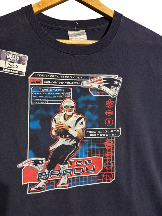 OutOf10 navy blue cotton crewneck t-shirt featuring a vintage Tom Brady New England Patriots graphic print.