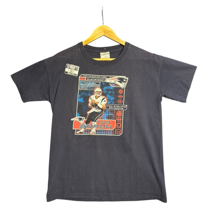 OutOf10 navy blue cotton crewneck t-shirt featuring a vintage Tom Brady New England Patriots graphic print.