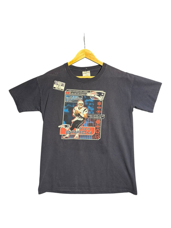 OutOf10 navy blue cotton crewneck t-shirt featuring a vintage Tom Brady New England Patriots graphic print.