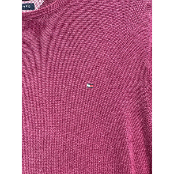 OutOf10 Tommy Hilfiger burgundy crew neck sweater in a soft cotton and silk blend with embroidered chest logo
