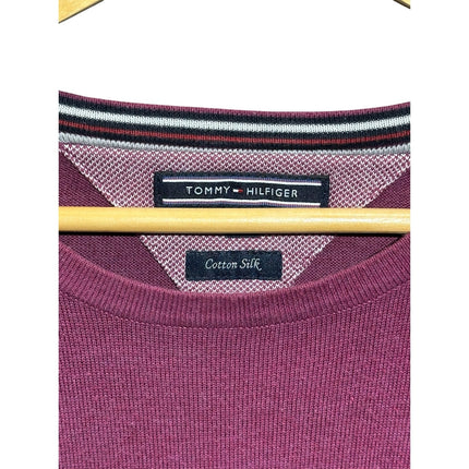 OutOf10 Tommy Hilfiger burgundy crew neck sweater in cotton silk blend with striped inner collar detail