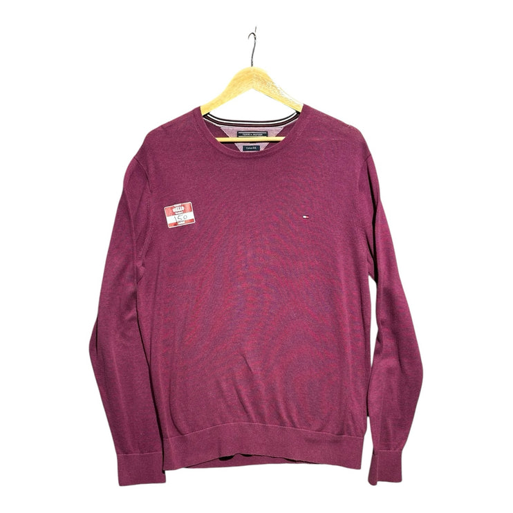OutOf10 Tommy Hilfiger burgundy long sleeve crew neck sweater in a soft cotton-silk blend with chest logo embroidery.