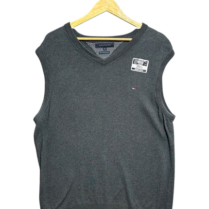 OutOf10 charcoal grey Tommy Hilfiger V-neck sweater vest in a soft Pima cotton and cashmere blend on a wooden hanger.
