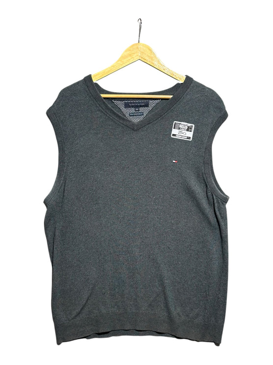 OutOf10 charcoal grey Tommy Hilfiger V-neck sweater vest in a soft Pima cotton and cashmere blend on a wooden hanger.