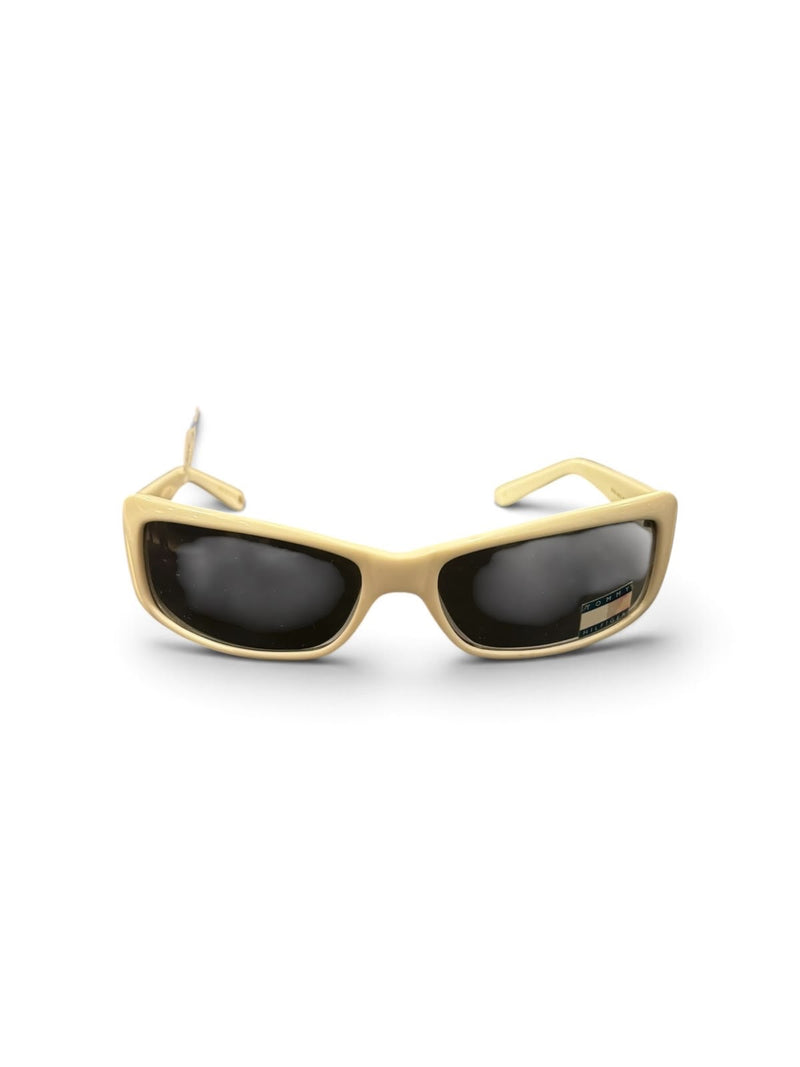 OutOf10 Tommy Hilfiger rectangular sunglasses with cream frames and dark lenses in a sleek wrap-around style